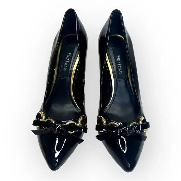 White House Black Market Gabriele Pump Size 6 Black Patent Leather Bow Chain Toe - Picture 6 of 12
